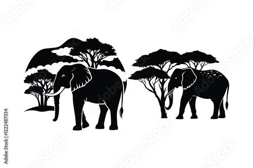 Double Exposure Elephant and African Landscape Silhouette Vector Illustration