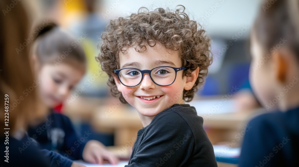 Happy Child in Classroom Setting, Smiling Boy with Curly Hair and Glasses Happy Child in Classroom Setting, Smiling Boy with Curly Hair and Glasses