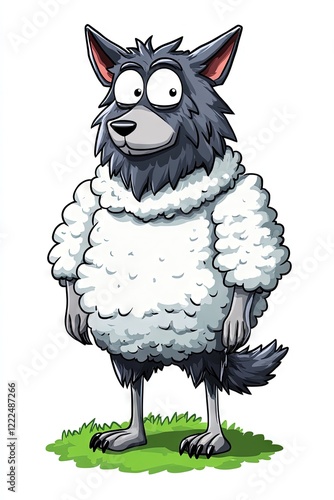 2D animation cartoon wolf wearing sheep costume  photo