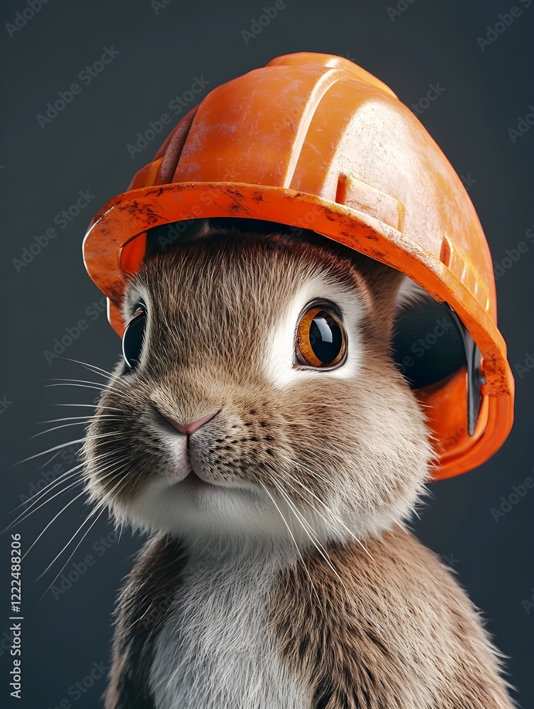 a cute rabbit wearing an orange construction helmet against a dark background, creating a whimsical and humorous contrast. a cute rabbit wearing an orange construction helmet against a dark background, creating a whimsical and humorous contrast.