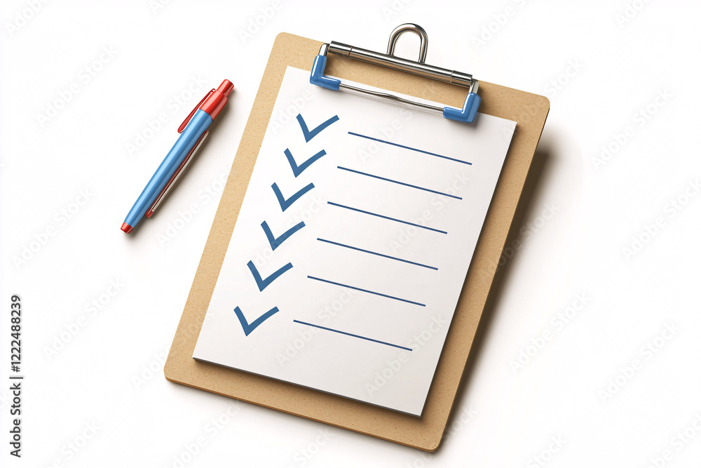 3D rendered wooden clipboard with a checklist featuring blue checkmarks and a red pen symbolizing planning organization and productivity
3D rendered wooden clipboard with a checklist featuring blue checkmarks and a red pen symbolizing planning organization and productivity