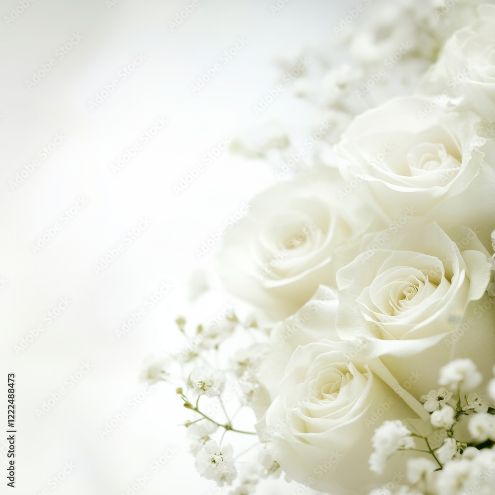 Elegant White Roses with Delicate Babys Breath on Soft Background Elegant White Roses with Delicate Babys Breath on Soft Background