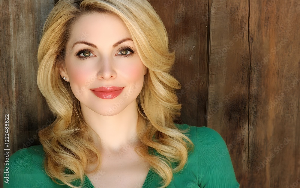 Fototapeta premium Beautiful Blonde Woman Smiling Headshot Green Sweater Wooden Background