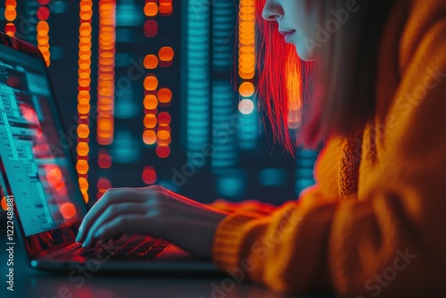 Young Woman Accessing Online Receipts on Laptop with Colorful Lights