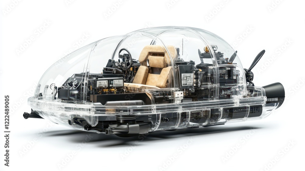 Naklejka premium Detailed Cutaway of a Transparent Submersible Vehicle with Internal Components Visible, Isolated on White Background.