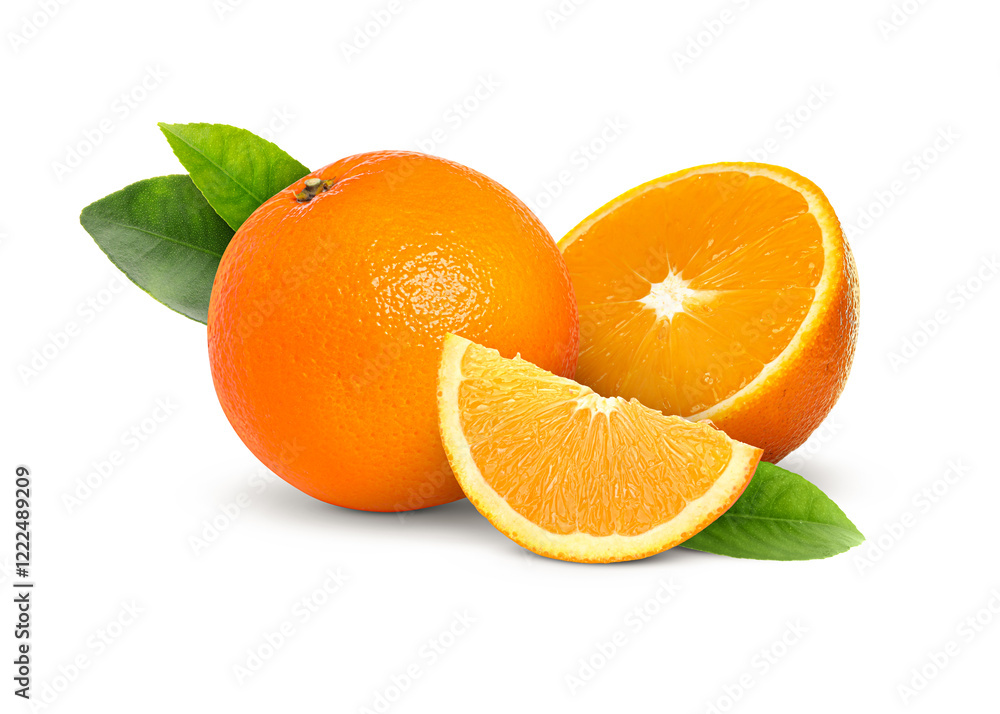 Fresh juicy oranges and green leaves isolated on white. Citrus fruit Fresh juicy oranges and green leaves isolated on white. Citrus fruit