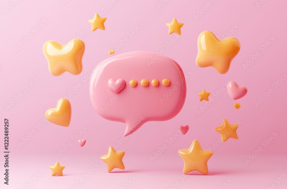 A pink speech bubble with yellow stars and heart icons floating on a solid color background, celebration for a romantic Valentine's Day celebration A pink speech bubble with yellow stars and heart icons floating on a solid color background, celebration for a romantic Valentine's Day celebration