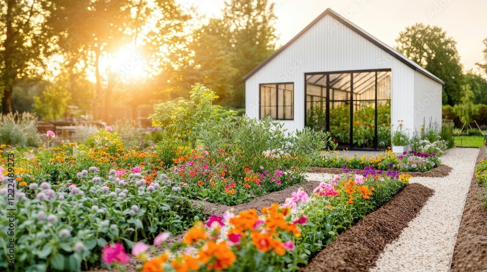 Fototapeta premium Green spaces gardening concept. A beautiful greenhouse surrounded by vibrant flowers at sunset.