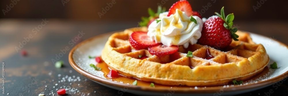 Platter of steaming hot waffle with whipped cream, fresh strawberries, and syrup, appetizing, whipped cream Platter of steaming hot waffle with whipped cream, fresh strawberries, and syrup, appetizing, whipped cream