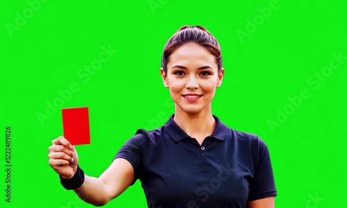 a beautiful female soccer referee showing red card on green screen