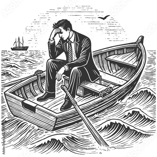 businessman sitting in a rowboat, hand on head, reflecting amidst turbulent waters and distant ship sketch engraving generative ai vector illustration. Scratch board imitation. Black and white image.