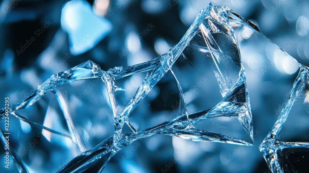 Abstract Macro Close-Up of Fractured Glass with Sharp Edges and Blue Tones. Abstract Macro Close-Up of Fractured Glass with Sharp Edges and Blue Tones.