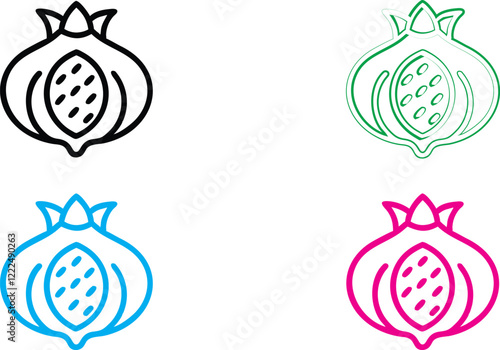 Minimalist clock icons, pomegranate-shaped clocks, stylized fruit timekeepers, line art fruit clocks, colorful outline timepieces, modern fruit-inspired watch designs, simplified pomegranate clocks, g