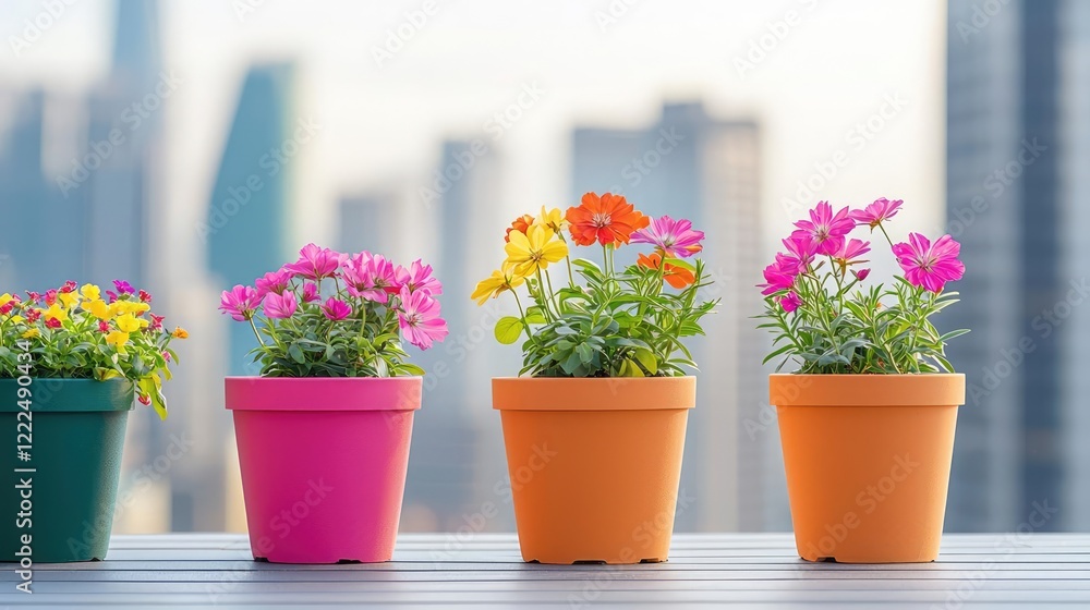 Rooftop gardens idea. Bright and colorful flowers in pots, set against a modern urban background. Rooftop gardens idea. Bright and colorful flowers in pots, set against a modern urban background.