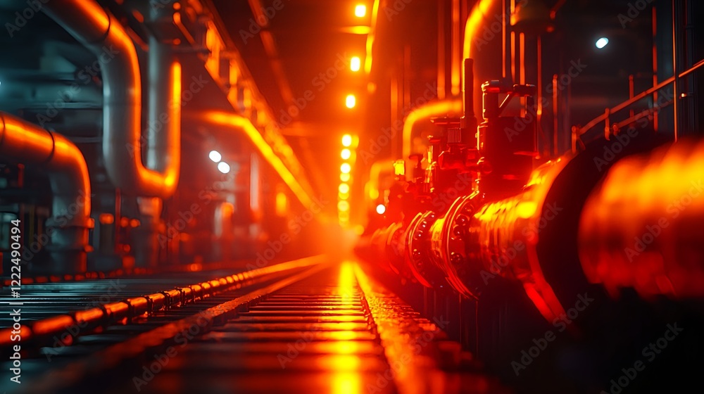 Industrial Pipe System with Glowing Orange Lights in Factory Industrial Pipe System with Glowing Orange Lights in Factory