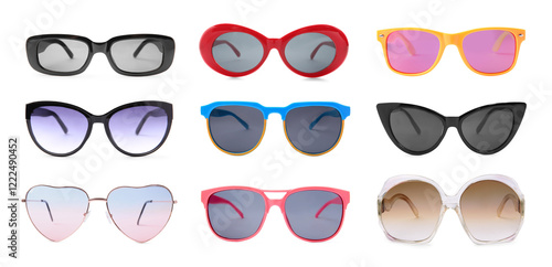 Different stylish sunglasses isolated on white. Fashionable accessory