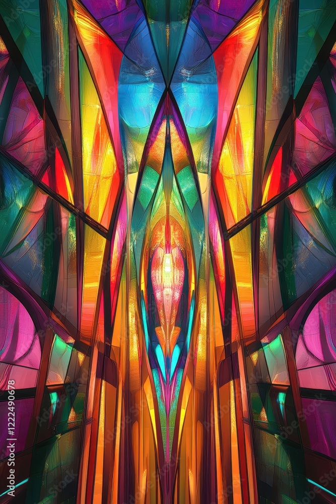 Abstract Stained Glass Window with Symmetrical Geometric Patterns and Vibrant Multicolor Light Effects. Abstract Stained Glass Window with Symmetrical Geometric Patterns and Vibrant Multicolor Light Effects.