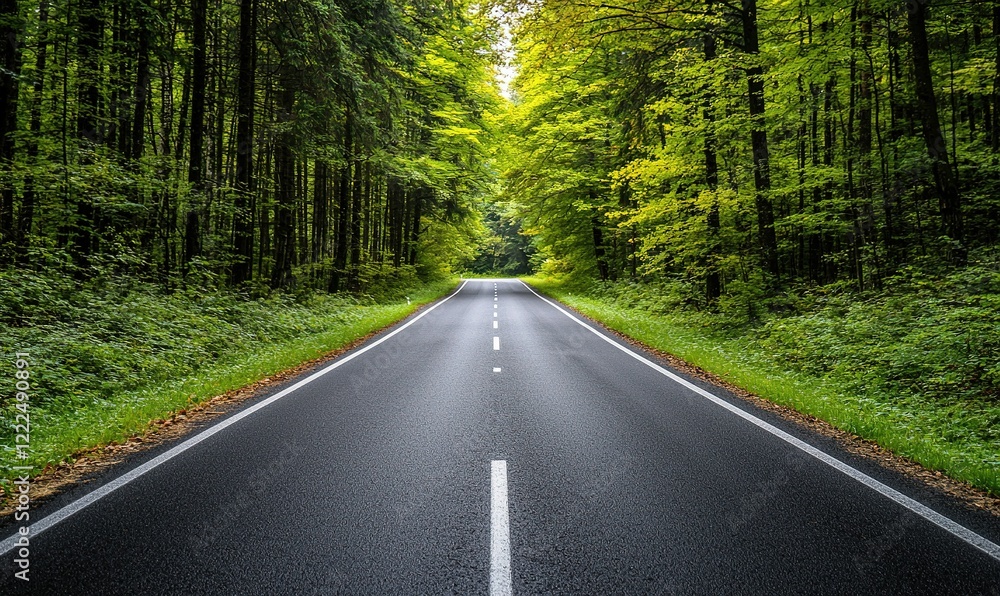 Empty asphalt road through green forest tunnel, ideal for travel or journey concepts Empty asphalt road through green forest tunnel, ideal for travel or journey concepts
