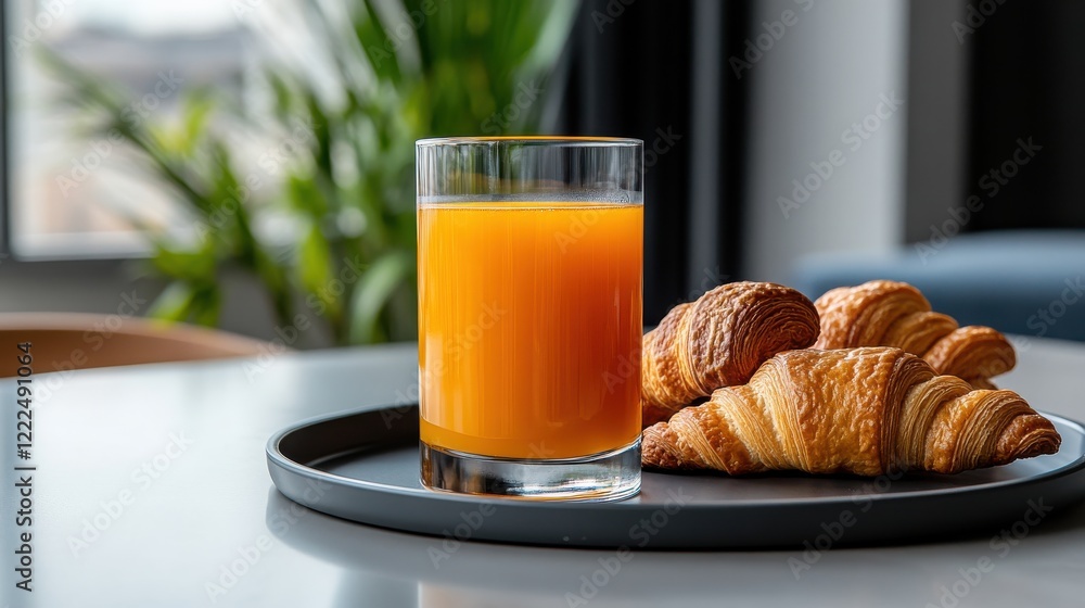 A fresh glass of orange juice placed on a breakfast tray with croissants. A fresh glass of orange juice placed on a breakfast tray with croissants.
