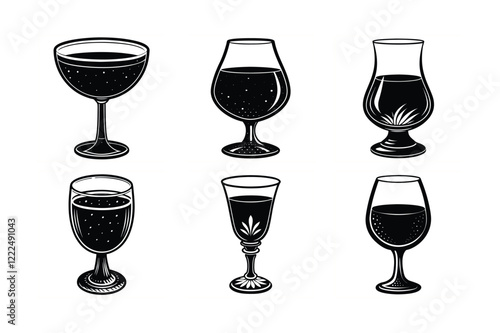 Set of Snifter, Glencairn, Absinthe, Port, Coupe and Grog Glass Silhouette Vector Design