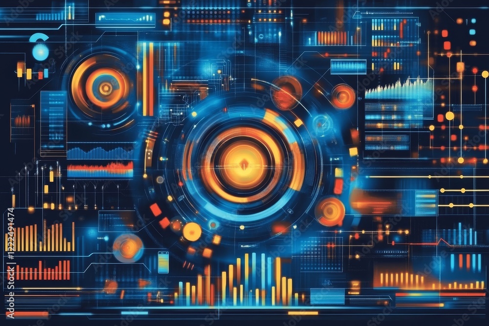 Obraz premium Abstract Futuristic Digital Interface with Data Visualizations and Technological Elements