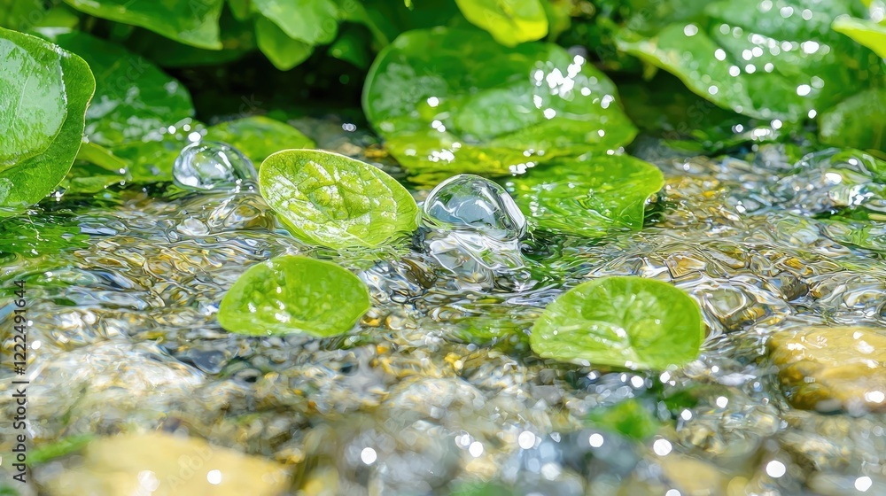 Watercress floats on stream, clear water, green leaves, rocks, nature background, website, blog Watercress floats on stream, clear water, green leaves, rocks, nature background, website, blog