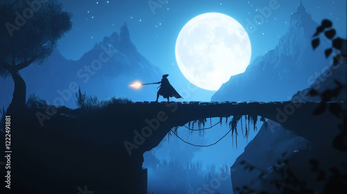 Dangerous journey cartoon landing page, wizard with glowing spear stand at night mountain landscape with suspended bridge under starry sky, magic fantasy game with knight or ranger, Vector web banner photo