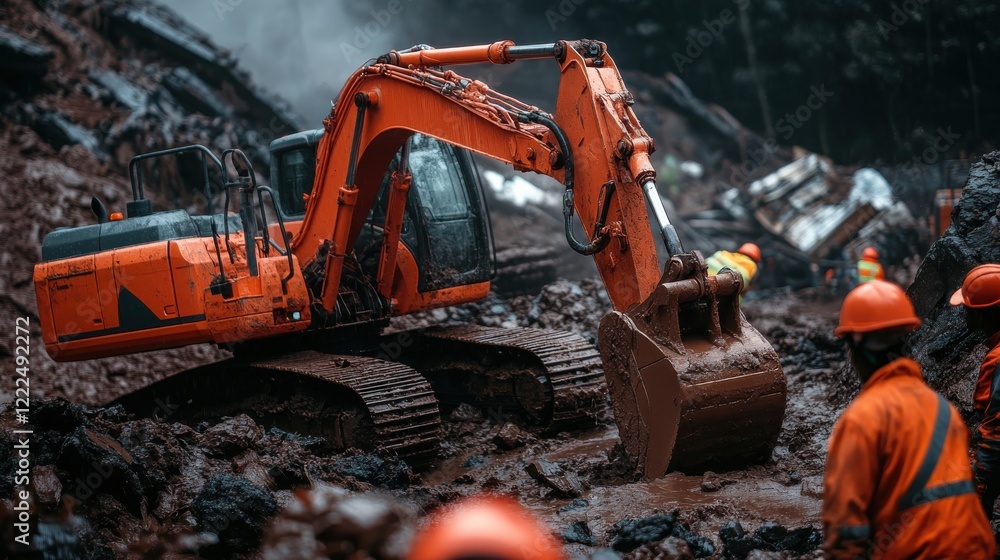A rescue operation after a landslide with heavy machinery and emergency responders. A rescue operation after a landslide with heavy machinery and emergency responders.