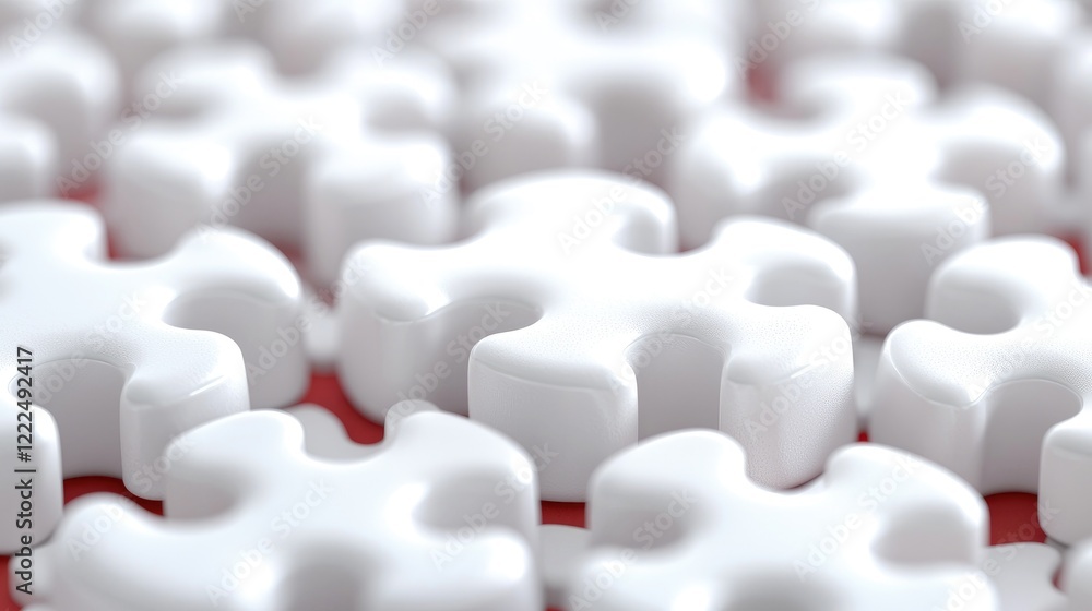 Obraz premium White puzzle pieces arranged closely together on a vibrant red surface in a clean studio setting.
