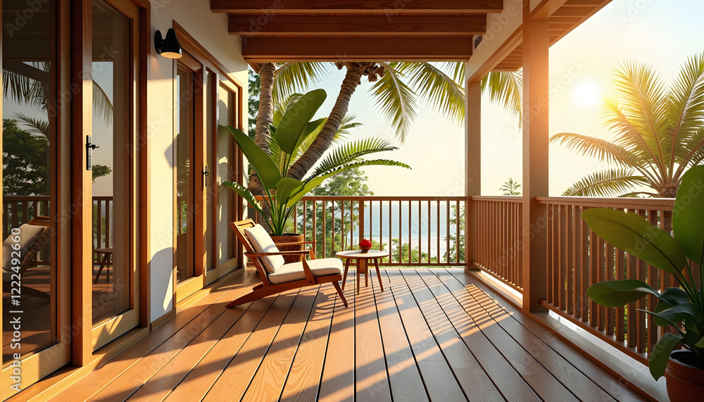 Fototapeta premium Tropical balcony with sunset view for travel blogs and vacation rental promotions