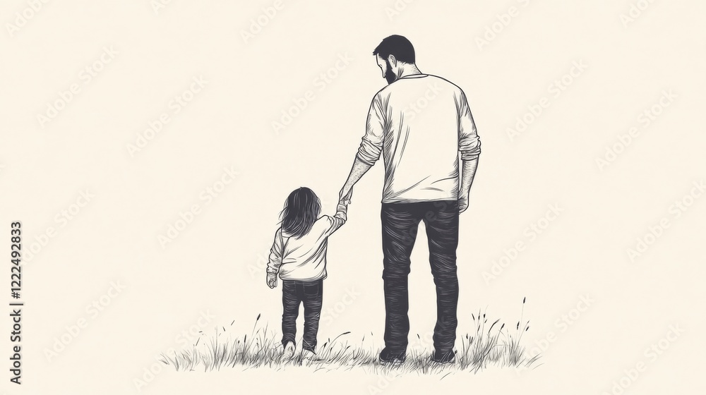 Father and daughter holding hands, walking away in field. Father and daughter holding hands, walking away in field.