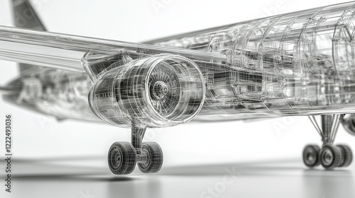Detailed Wireframe Render of Commercial Airplane Engine and Landing Gear on White Background.