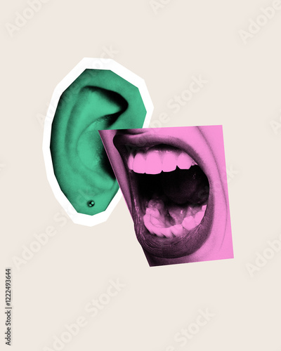 Conceptual art design. Green ear paired with pink mouth wide open, portraying imbalance in listening and speaking. Concept of absurd and communication, information and expression. photo