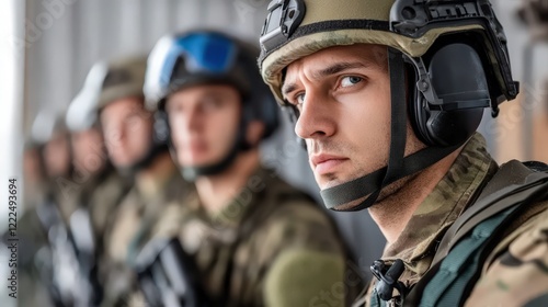 Soldiers in Uniform Preparing for Tactical Mission with Equipment
