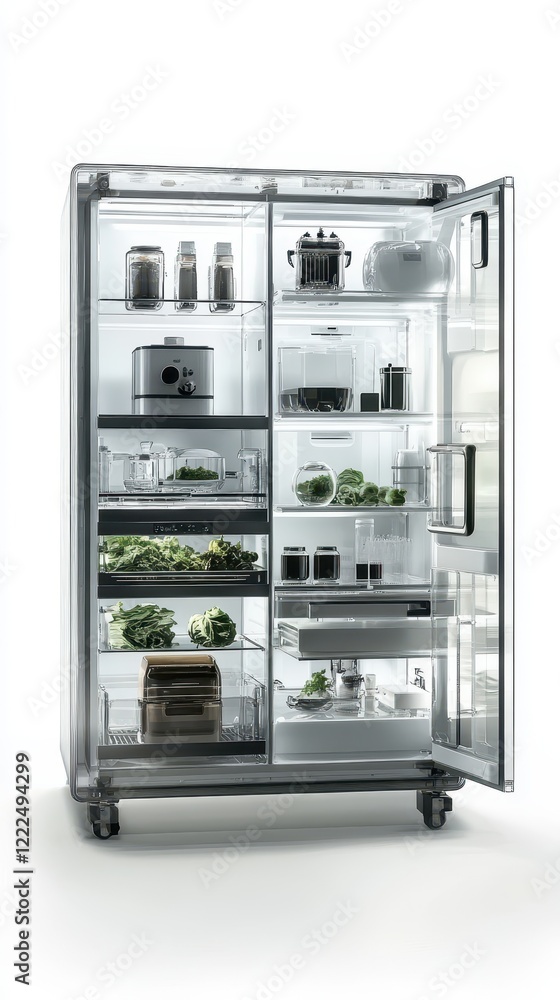 Modern Refrigerator with Glass Shelves and Organized Food Storage, Open Door. Modern Refrigerator with Glass Shelves and Organized Food Storage, Open Door.