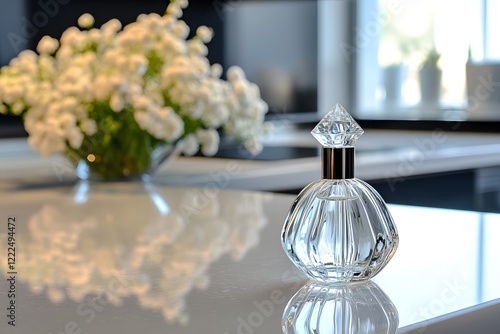 A clear glass countertop with a single crystal perfume bottle, reflecting light and creating a clean, airy vibe. perfume promotion or display . mock up 


 photo