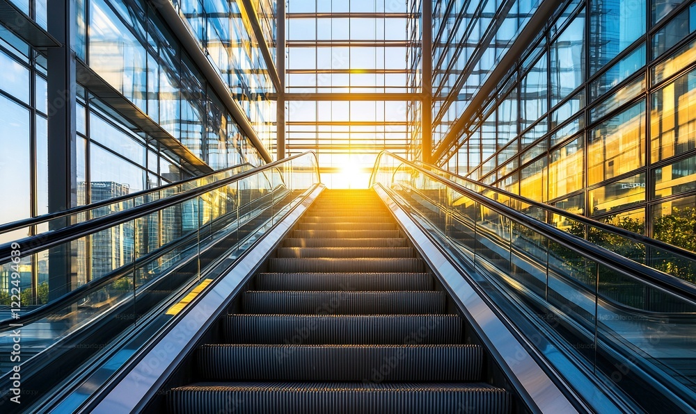 Fototapeta premium Escalator to bright future, modern glass building, sunset city view