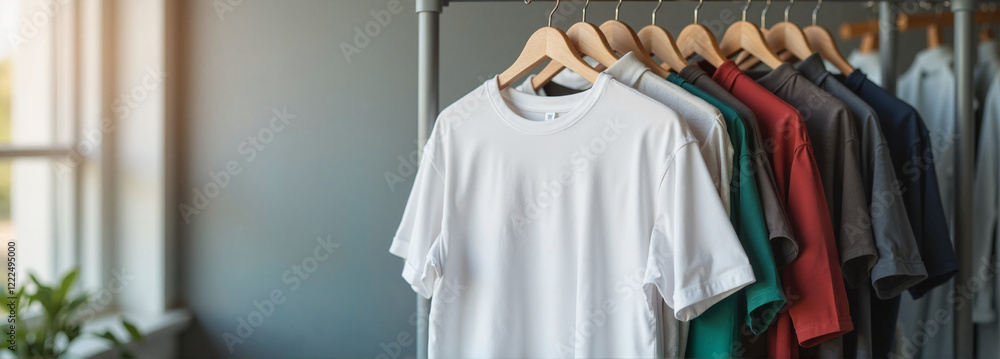 Obraz premium 3D T-Shirt Mockup with layered design on clothing rack