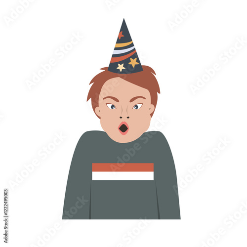 Little boy in birthday cat with surprised or blowing out candles facial expression. Cartoon vector isolated illustration.