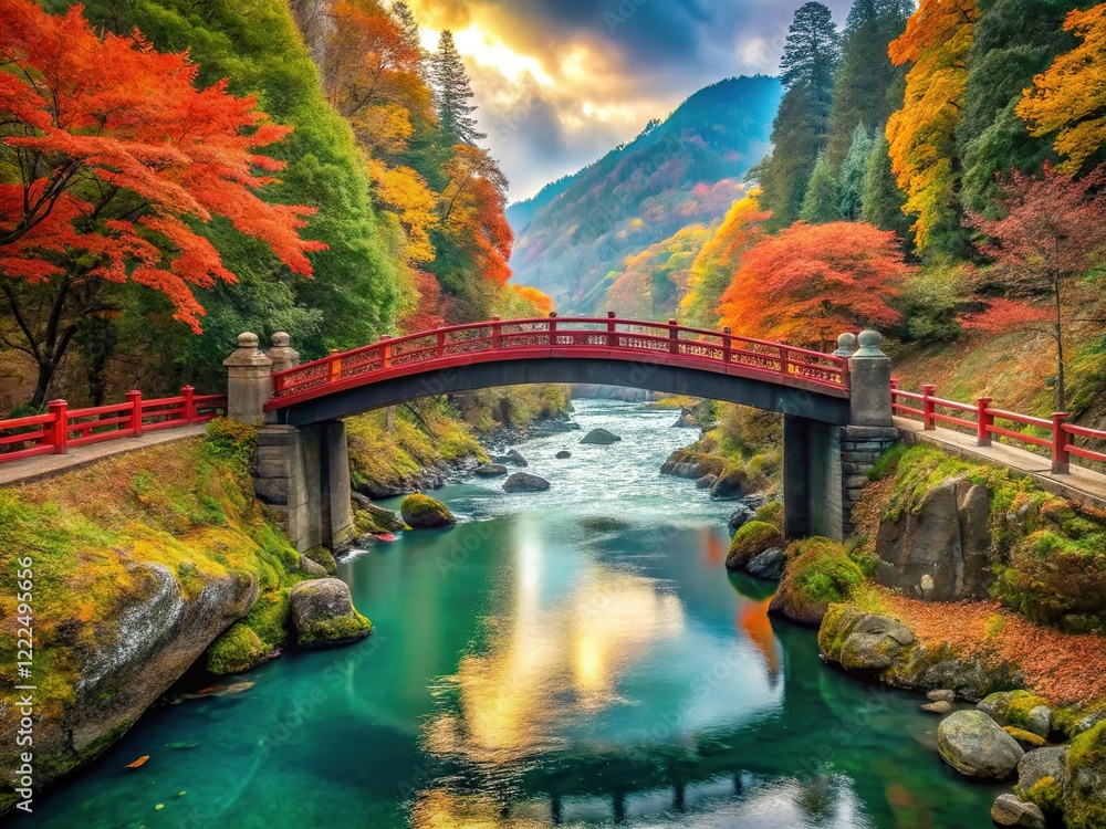 Autumnal Nikko Shinkyo Bridge, Japan: breathtaking AI-enhanced landscape. Autumnal Nikko Shinkyo Bridge, Japan: breathtaking AI-enhanced landscape.