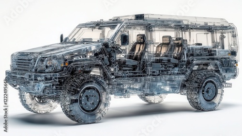 Transparent 3D Render of a Rugged Off-Road Vehicle, Wireframe Design on White Background. photo