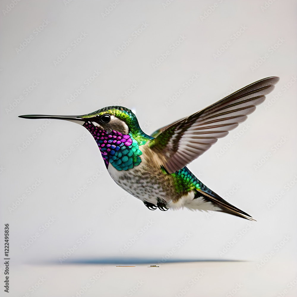 Obraz premium A vibrant hummingbird hovers in mid air its iridescent plumage shimmering against a neutral background