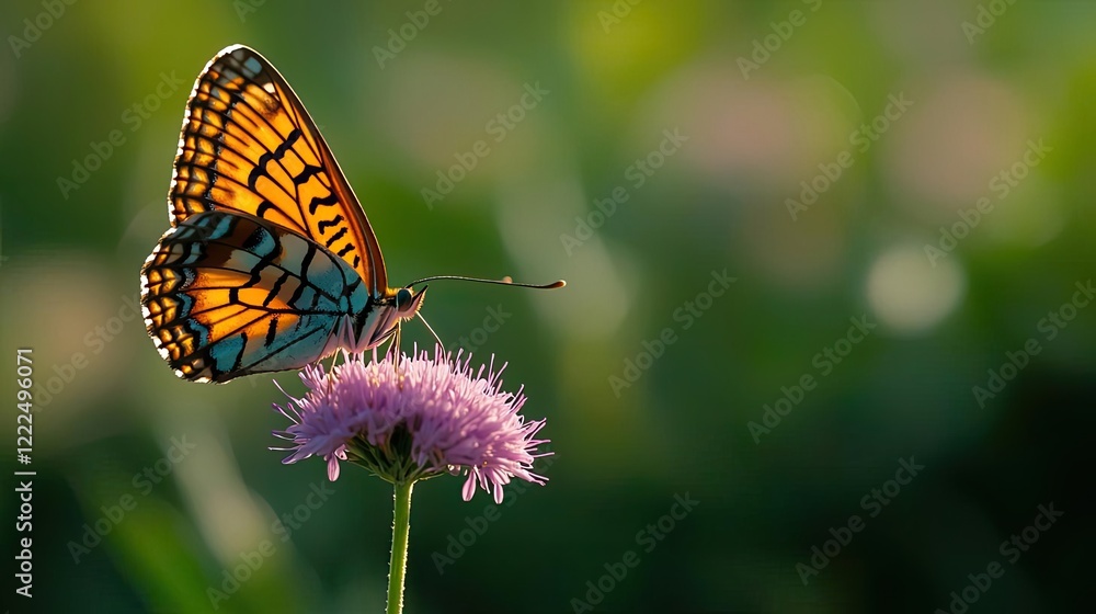 Obraz premium Green spaces gardening concept. A vibrant butterfly resting delicately on a colorful flower in a sunny garden.