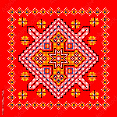 Vector illustration of Ukrainian ornament in ethnic style, identity, vyshyvanka, embroidery for print clothes, websites, banners. Background. Geometric design, border, copy space, frame