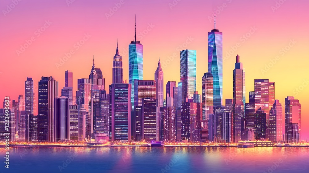 Fototapeta premium Vibrant Sunset Cityscape Skyline, Modern Metropolis at Dusk