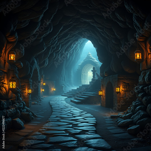 Fantasy stone dungeon cave with glowing lanterns on walls, lamp illuminate magical trail leading out from old ancient cavern towards mystical glow, scene with abandoned ruins, empty road and tunnel photo