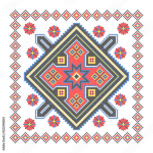 Vector illustration of Ukrainian ornament in ethnic style, identity, vyshyvanka, embroidery for print clothes, websites, banners. Background. Geometric design, border, copy space, frame