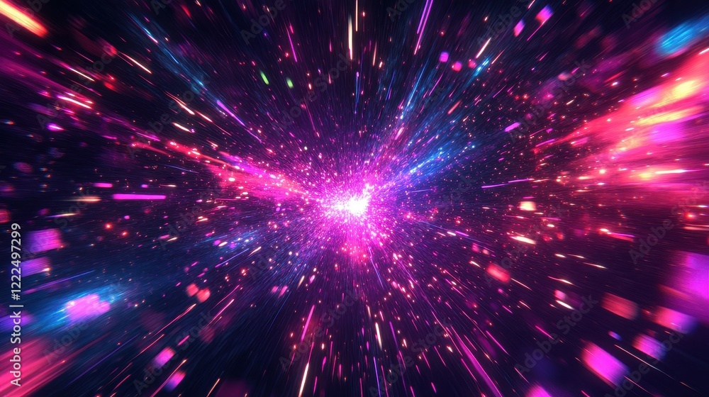 Vibrant Cosmic Burst Abstract Digital Art with Streaming Light Particles in Pink and Blue Hues. Vibrant Cosmic Burst Abstract Digital Art with Streaming Light Particles in Pink and Blue Hues.