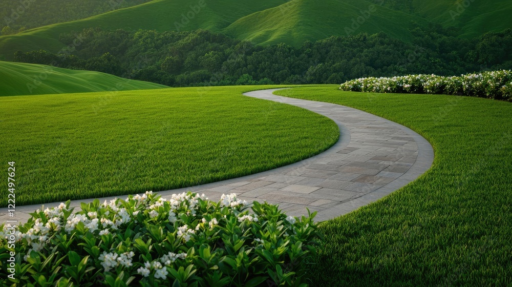 Green spaces gardening concept. A serene winding pathway through lush green fields and blooming flowers. Green spaces gardening concept. A serene winding pathway through lush green fields and blooming flowers.