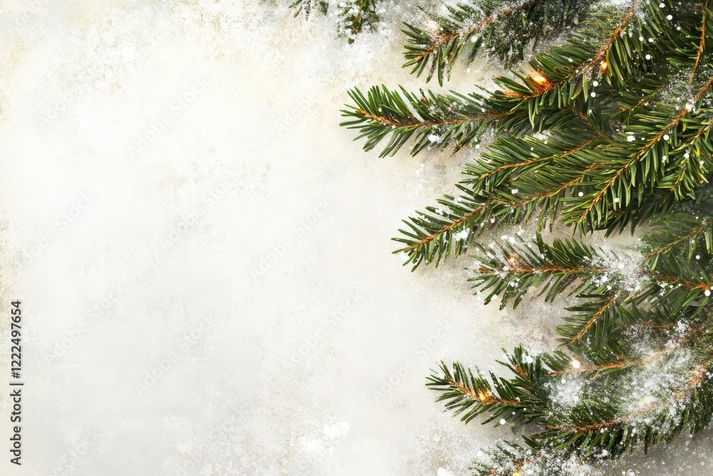 Festive Christmas Background with Fir Branches, Snowflakes, and Warm Lights on Textured Off-White Surface Festive Christmas Background with Fir Branches, Snowflakes, and Warm Lights on Textured Off-White Surface
